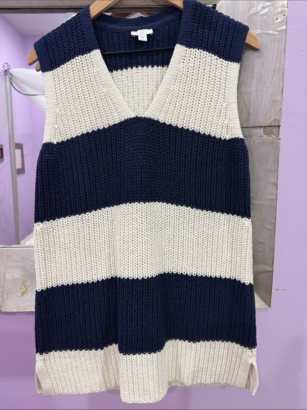 NWOT J. Jill Navy & Cream Striped V-Neck Sweater Vest
